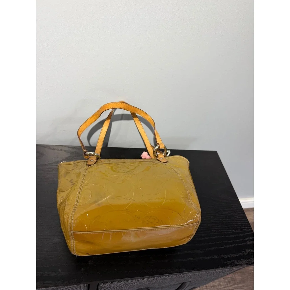 Coach Yellow Embossed Patent Leather Satchel Handbag F14729 with Charm